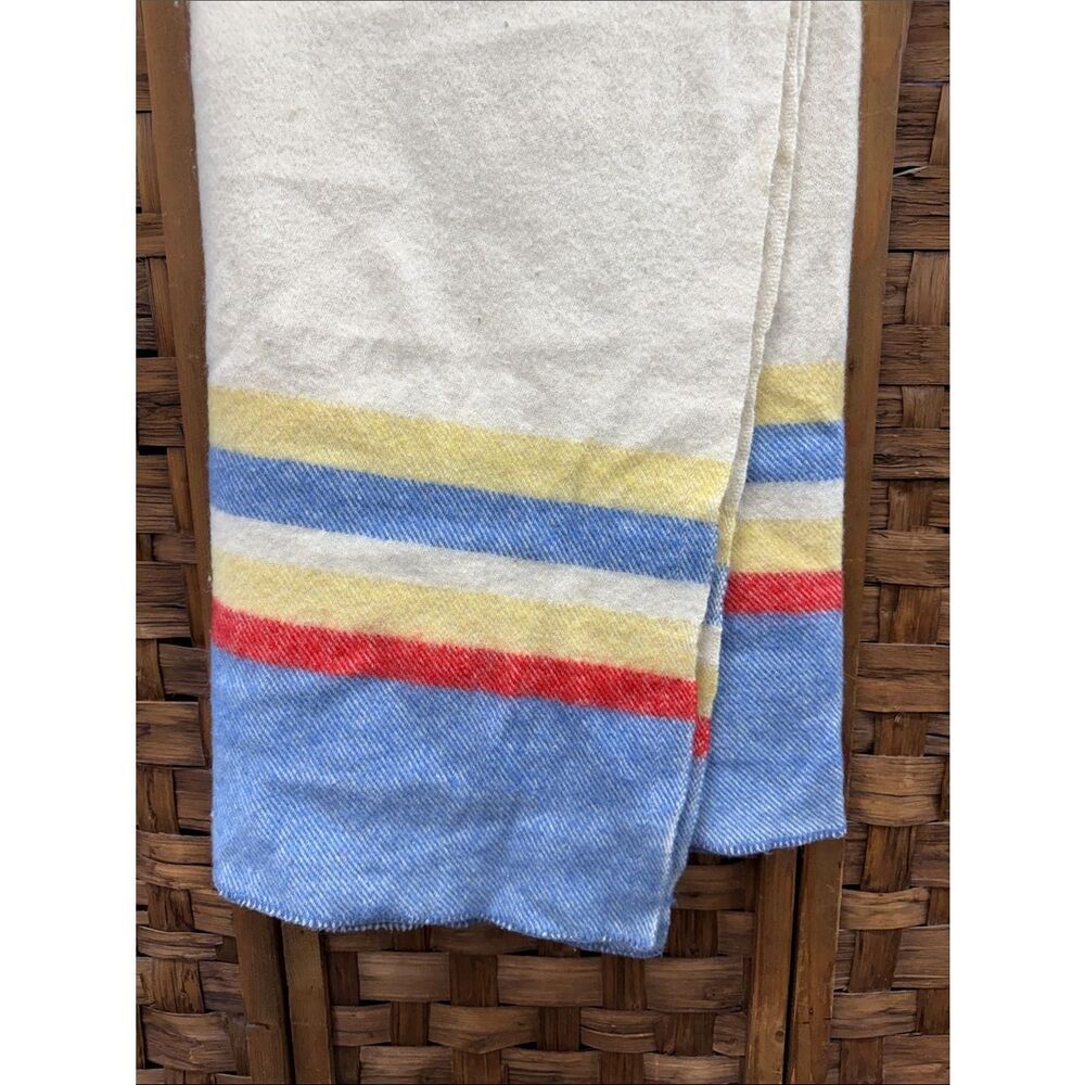 Vintage Cream Wool Blanket with Blue, Yellow & Red Stripes